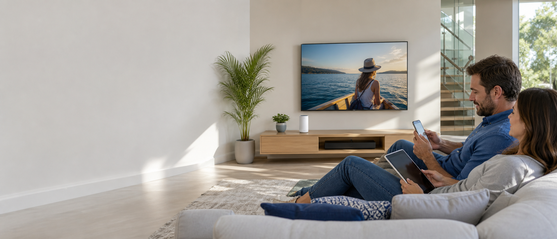 Modern Tech Living Room with Family Using Smart Devices